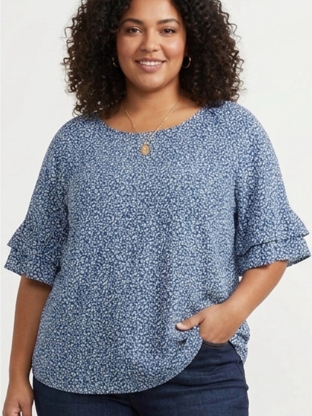 Blue & White Animal Print Blouse 2XL | Ruffle Flutter Sleeve Scoop Neck Top
